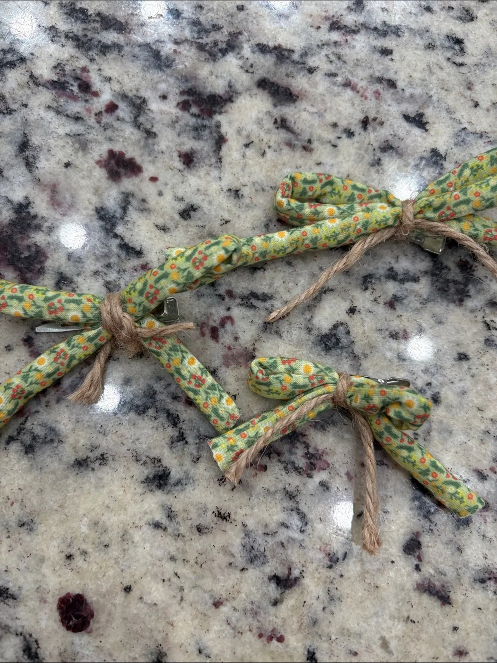 Floral Green Fabric Bow Hair Clips